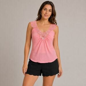 Y2K Uno Core Pink Boho Embroidered Sequin Sleeveless Blouse Crinkle Top Medium